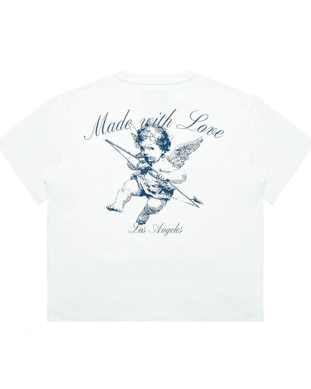 White t-shirt with blue angel graphic and 'Made with Love' text on a white background