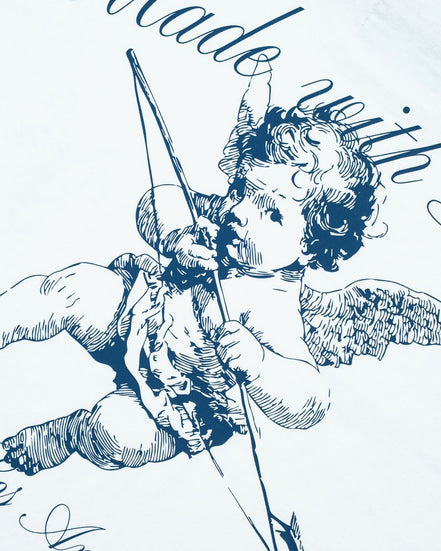 Illustration of an angel with a sword on a light blue background