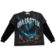 Black long-sleeve shirt with graphic design and 'Malicious' text on a white background