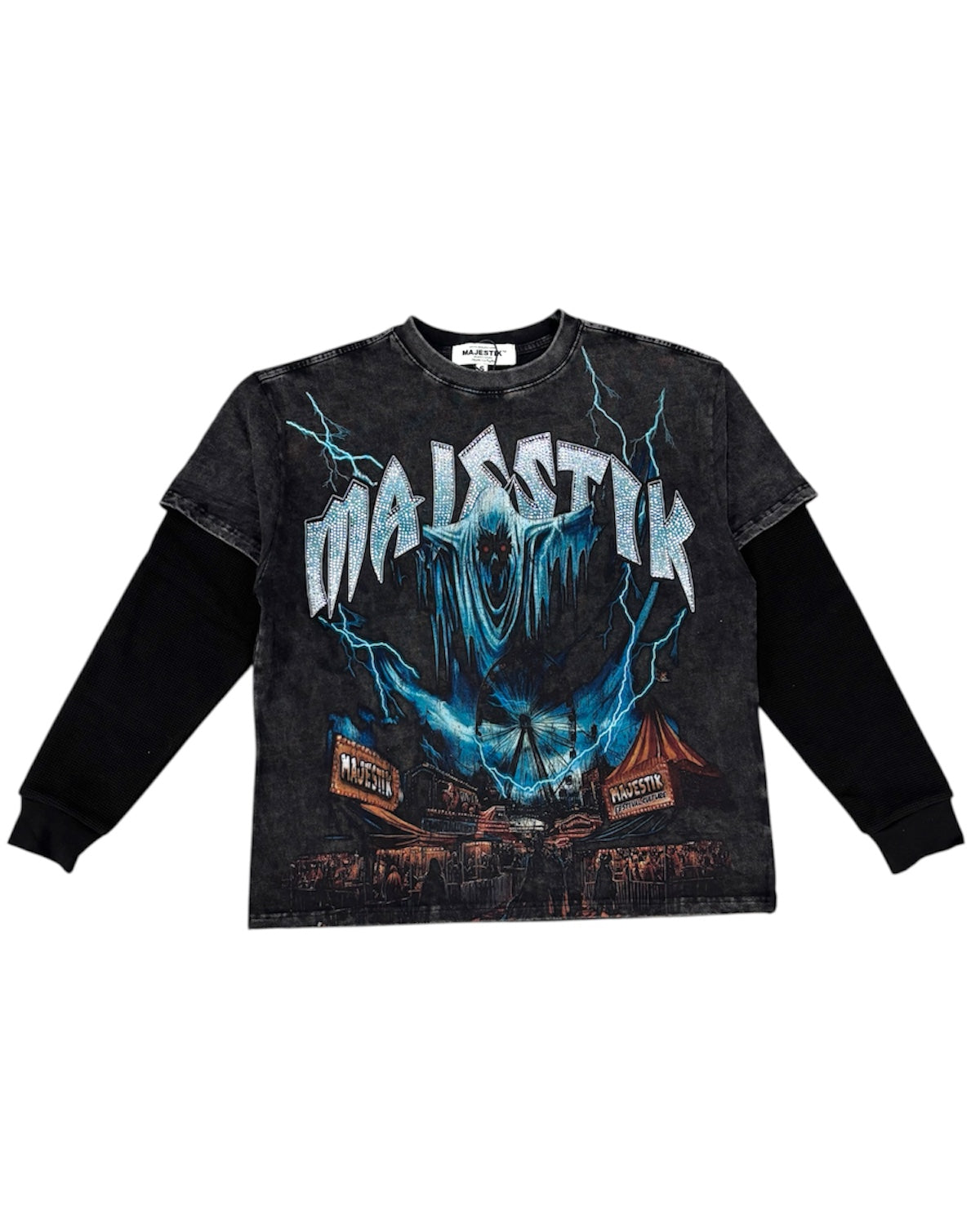 Black long-sleeve shirt with graphic design and 'Malicious' text on a white background