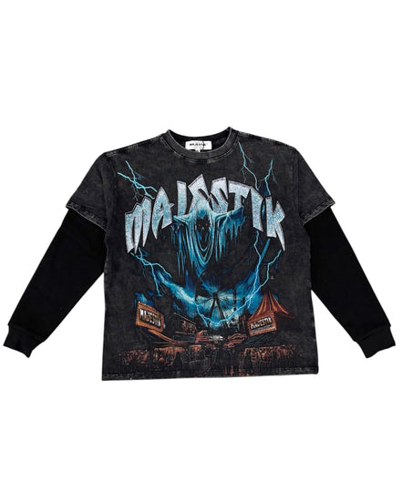 Black long-sleeve shirt with graphic design and 'Malicious' text on a white background