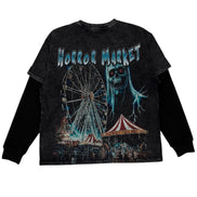 Black long-sleeve shirt with 'Horror Market' graphic design featuring a Ferris wheel and carousel on a white background.