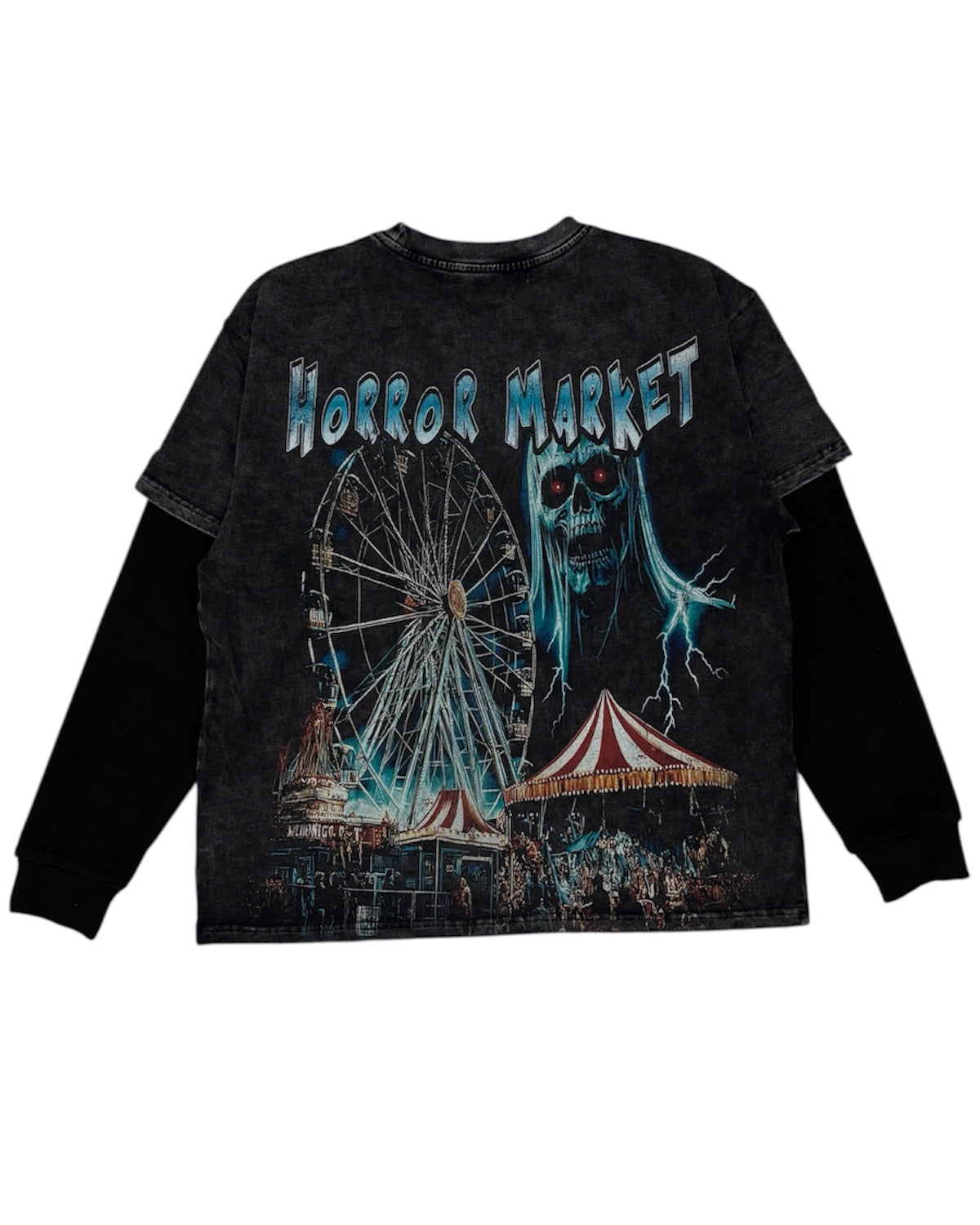 Black long-sleeve shirt with 'Horror Market' graphic design featuring a Ferris wheel and carousel on a white background.