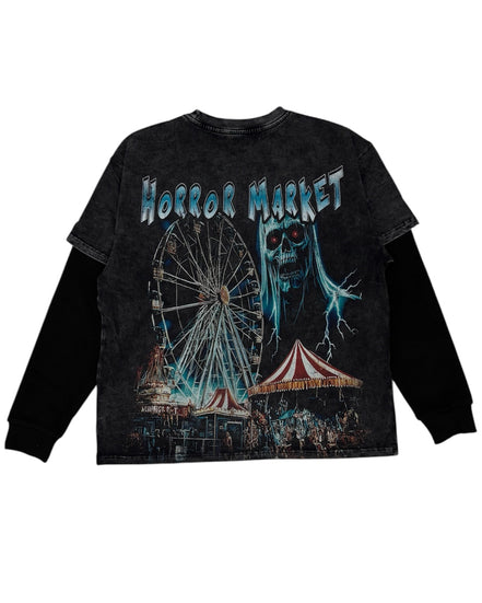 Black long-sleeve shirt with 'Horror Market' graphic design featuring a Ferris wheel and carousel on a white background.