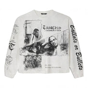 An off-white long-sleeve crewneck sweatshirt featuring a black graphic print of Malcolm X and the text 'TRNCHS MALCOLM X TOUR' on the front, with additional black text down both sleeves, displayed flat against a white background.