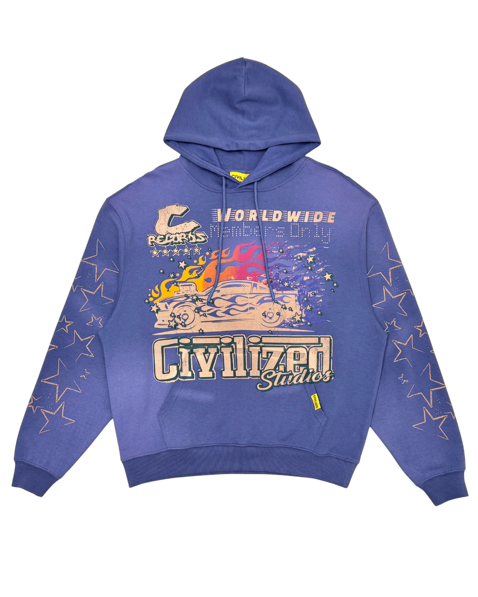 Blue hoodie with colorful graphics and text on a white background