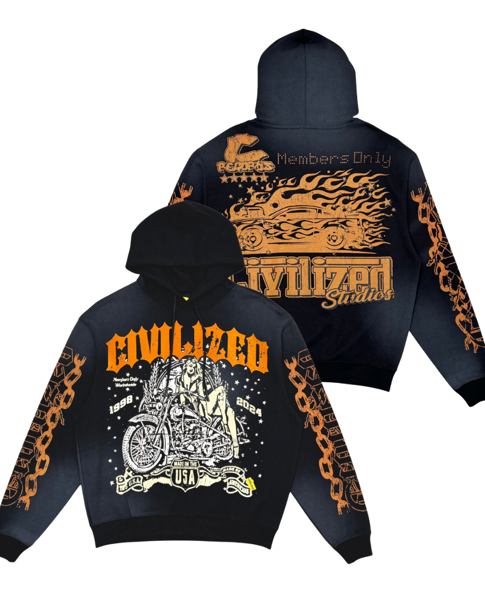 Black hoodie with orange and white graphics on a white background
