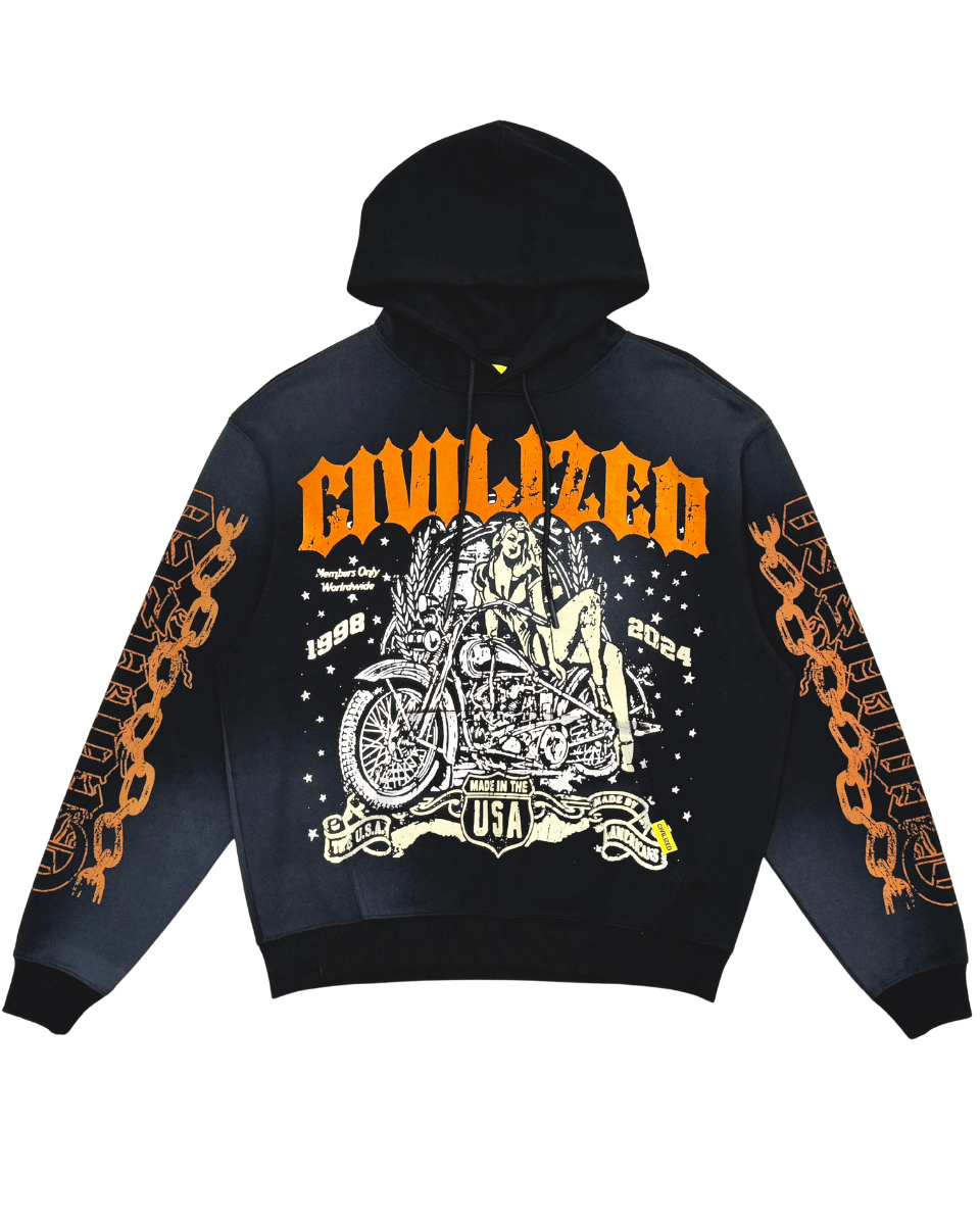 Black hoodie with orange and white graphics on a white background