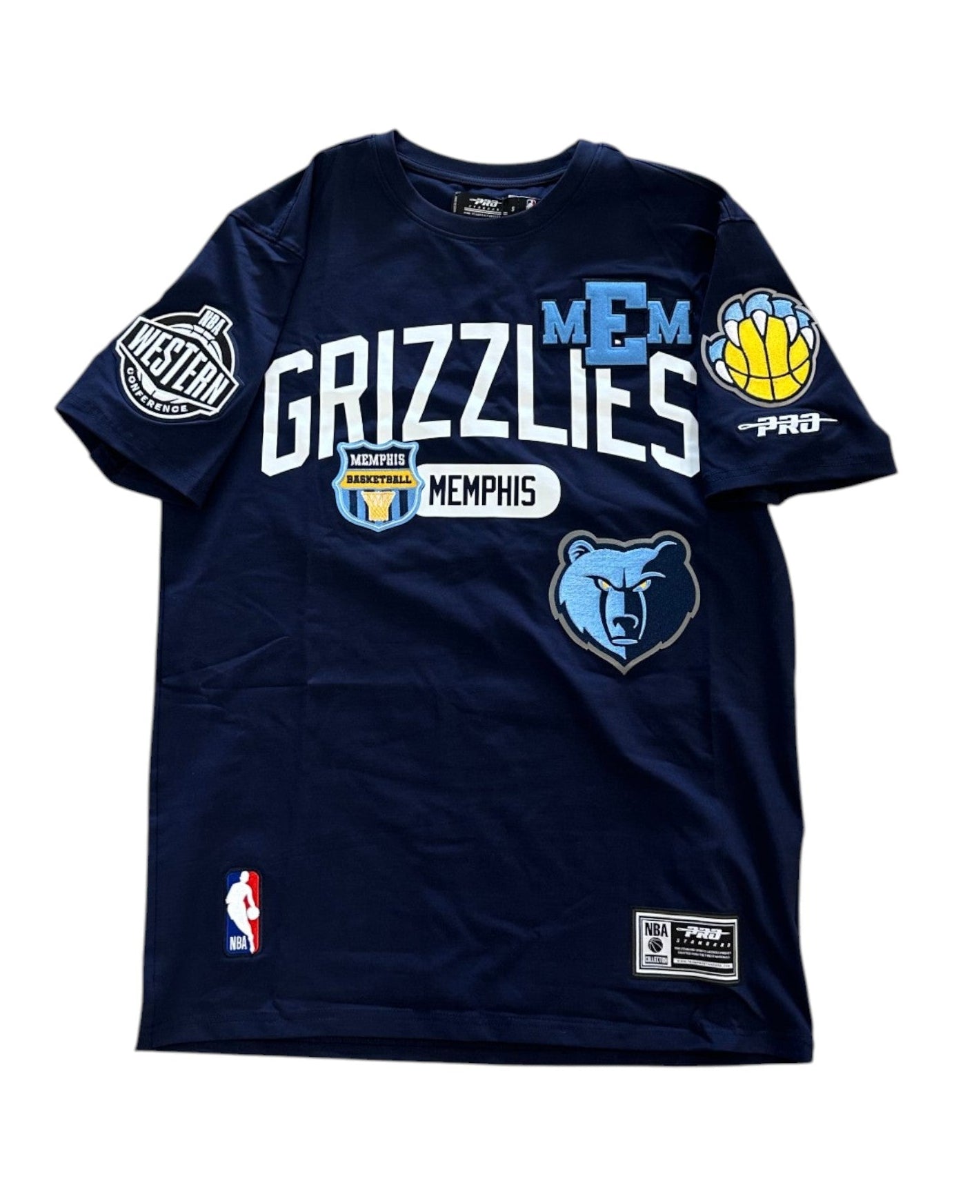Navy blue t-shirt with Memphis Grizzlies branding on a white background
