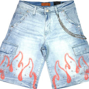 Light blue denim shorts with pink flame designs and chain details on a white background