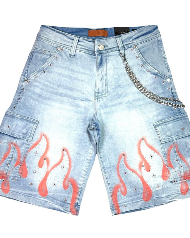 Light blue denim shorts with pink flame designs and chain details on a white background