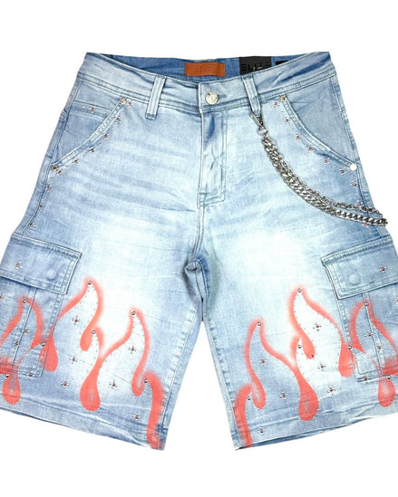 Light blue denim shorts with pink flame designs and chain details on a white background