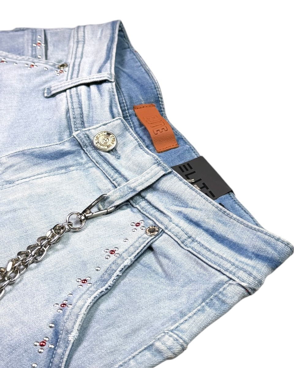 Light blue denim shorts with chain detail on a white background