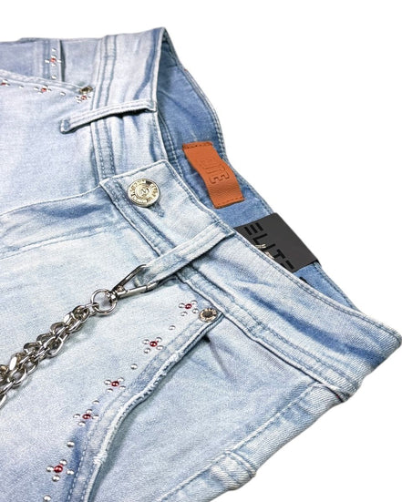 Light blue denim shorts with chain detail on a white background
