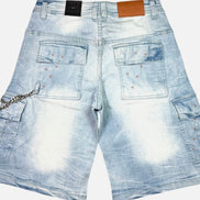 Light blue denim shorts with chain detail on a white background