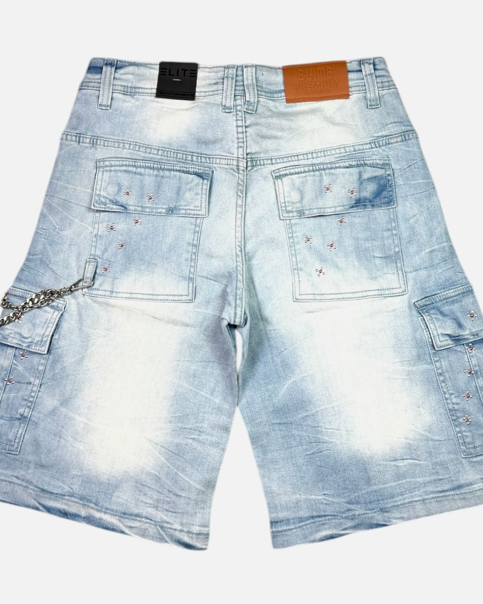 Light blue denim shorts with chain detail on a white background