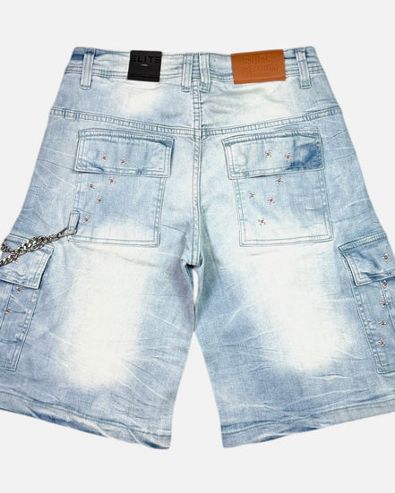 Light blue denim shorts with chain detail on a white background