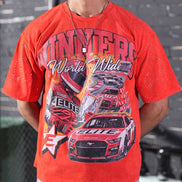 Person wearing a red t-shirt with car graphics and text.