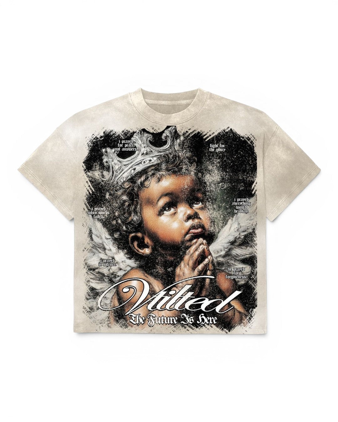 A beige short-sleeve t-shirt with a large graphic print of a cherub wearing a crown, with the text 'Vilted' and 'The Future Is Here' on a white background.