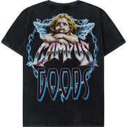 A black acid-wash t-shirt featuring a large graphic print on the back. The graphic depicts a blonde cherub with angel wings behind the text 'CAMPUS GOODS' in a stylized, metallic font with blue and pink gradient highlights.