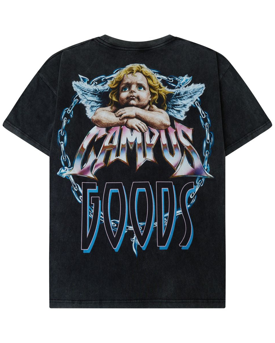 A black acid-wash t-shirt featuring a large graphic print on the back. The graphic depicts a blonde cherub with angel wings behind the text 'CAMPUS GOODS' in a stylized, metallic font with blue and pink gradient highlights.
