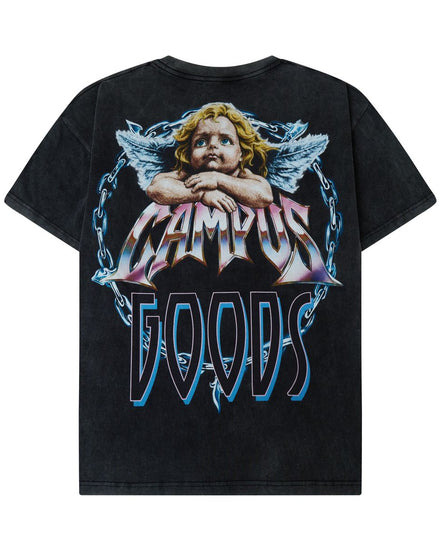 A black acid-wash t-shirt featuring a large graphic print on the back. The graphic depicts a blonde cherub with angel wings behind the text 'CAMPUS GOODS' in a stylized, metallic font with blue and pink gradient highlights.