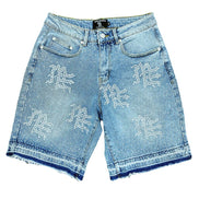 Blue denim shorts with decorative elements on a white background