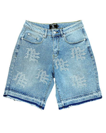 Blue denim shorts with decorative elements on a white background