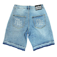 Light blue denim shorts with rhinestone embellishments on a white background