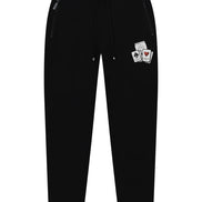 Black sweatpants with small graphic on a white background