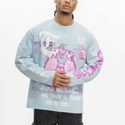Person wearing a light blue sweatshirt with pink and white graphics on a white background