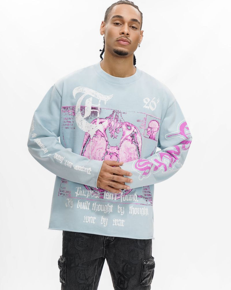 Person wearing a light blue sweatshirt with pink and white graphics on a white background