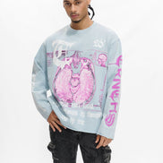 Person wearing a light blue sweatshirt with pink graphics on a white background