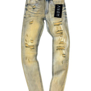Distressed light-colored jeans with a brand label on a white background