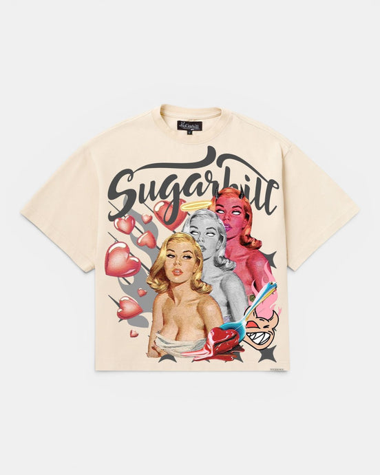 Beige t-shirt with graphic design featuring Marilyn Monroe and a red-haired woman, with 'Sugarhill' text.