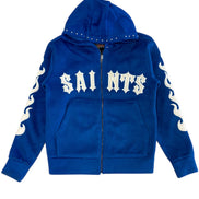 Blue hoodie with 'SAINTS' text on a white background