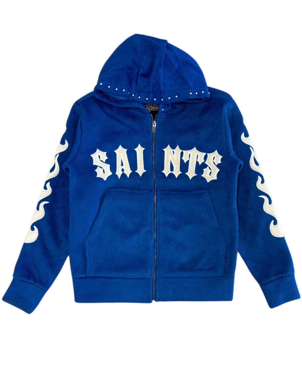 Blue hoodie with 'SAINTS' text on a white background