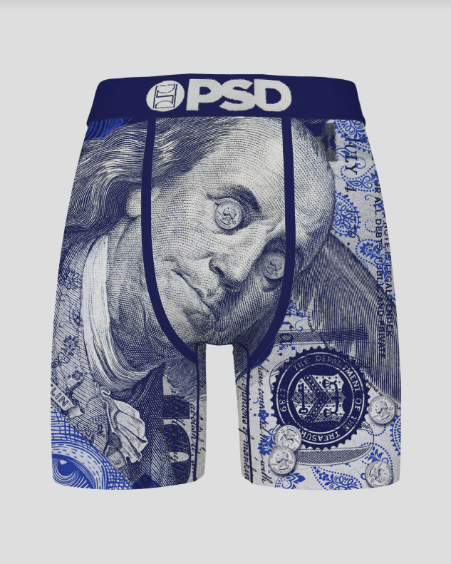 Boxer briefs with a dollar bill design and 'PSD' branding on a white background