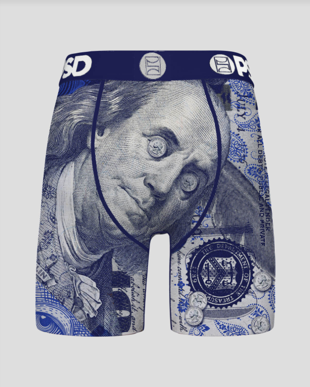 Boxer briefs with Benjamin Franklin design on a white background