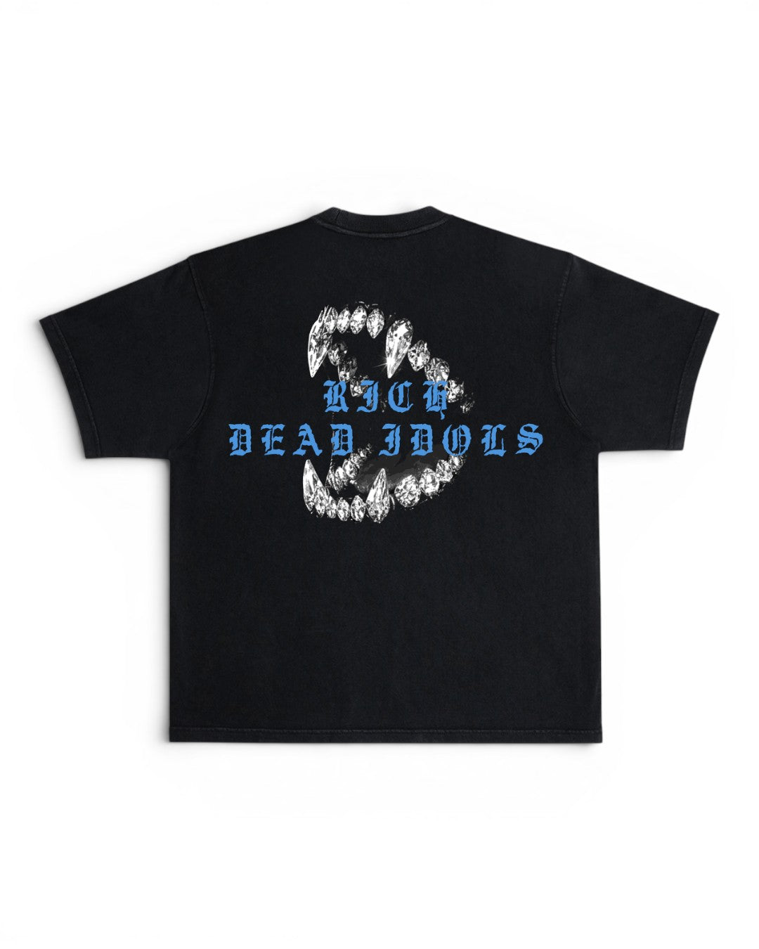 A black short-sleeve t-shirt shown flat against a white background, featuring a graphic on the back with a circular arrangement of white teeth and blue gothic-style text reading 'RICH DEAD IDOLS'.
