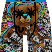 A pair of men's boxer briefs featuring a colorful graffiti-style graphic print with a large teddy bear face, dollar bills, coins, and neon accents. The waistband is bright blue with the black text 'PSD'.