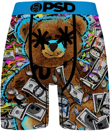 A pair of men's boxer briefs featuring a colorful graffiti-style graphic print with a large teddy bear face, dollar bills, coins, and neon accents. The waistband is bright blue with the black text 'PSD'.