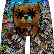 A pair of men's boxer briefs featuring a colorful graphic print of a teddy bear surrounded by money and graffiti-style elements, with a bright blue waistband.
