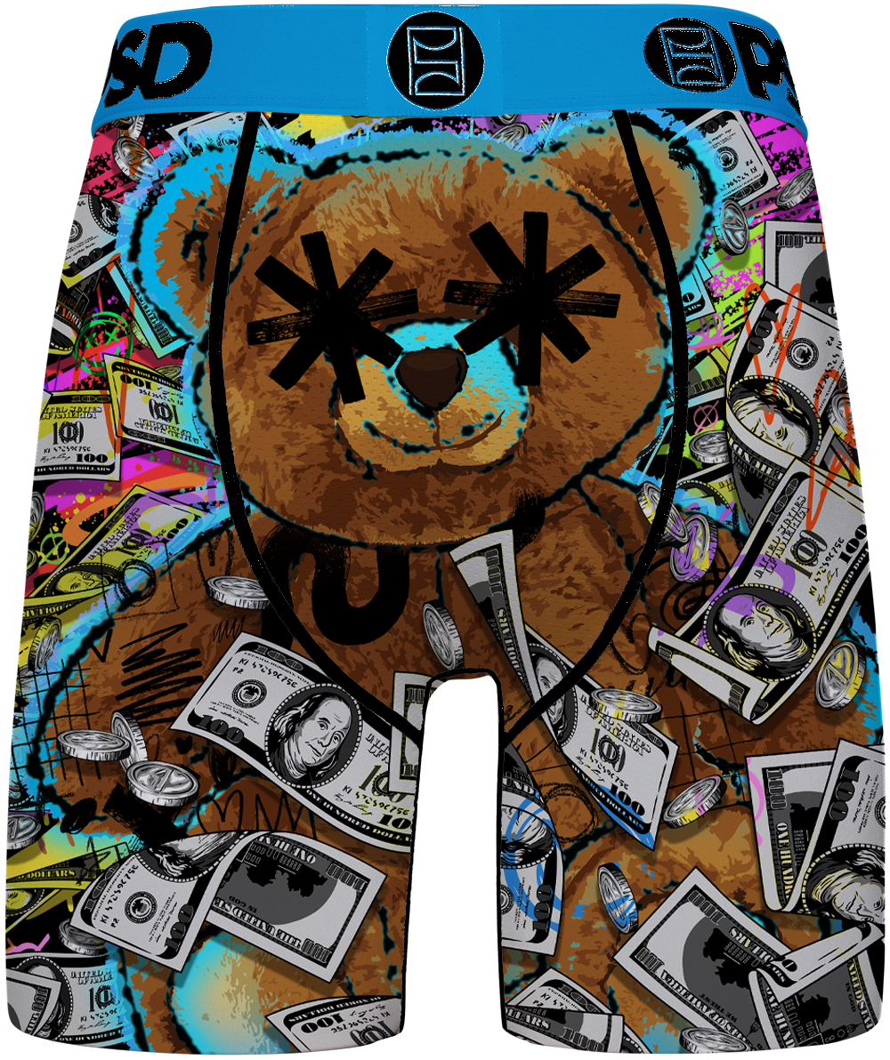 A pair of men's boxer briefs featuring a colorful graphic print of a teddy bear surrounded by money and graffiti-style elements, with a bright blue waistband.