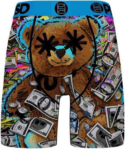 A pair of men's boxer briefs featuring a colorful graphic print of a teddy bear surrounded by money and graffiti-style elements, with a bright blue waistband.