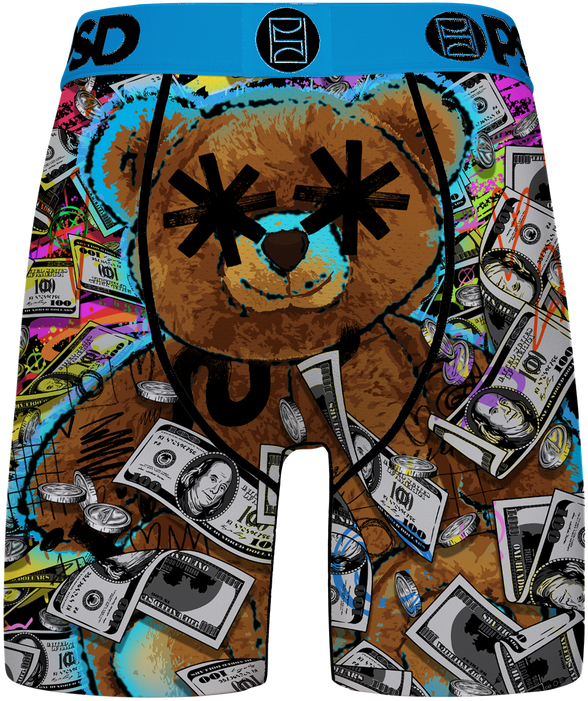 A pair of men's boxer briefs featuring a colorful graphic print of a teddy bear surrounded by money and graffiti-style elements, with a bright blue waistband.