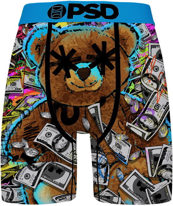 A pair of men's boxer briefs featuring a colorful graffiti-style graphic print with a large teddy bear face, dollar bills, coins, and neon accents. The waistband is bright blue with the black text 'PSD'.
