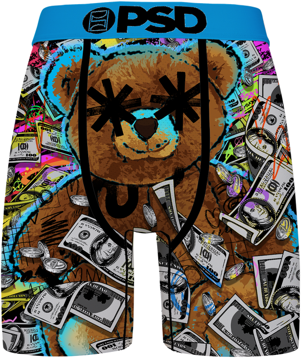 A pair of men's boxer briefs featuring a colorful graffiti-style graphic print with a large teddy bear face, dollar bills, coins, and neon accents. The waistband is bright blue with the black text 'PSD'.