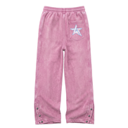 Pink corduroy pants with an elastic waistband, a back pocket featuring a white embroidered star with a blue outline, and snap-button details on the lower legs.