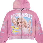A pink zip-up hoodie featuring a vintage-style Marilyn Monroe graphic print on the front with the text 'WKNDRIOT' and 'Marilyn Monroe', shown against a plain white background.